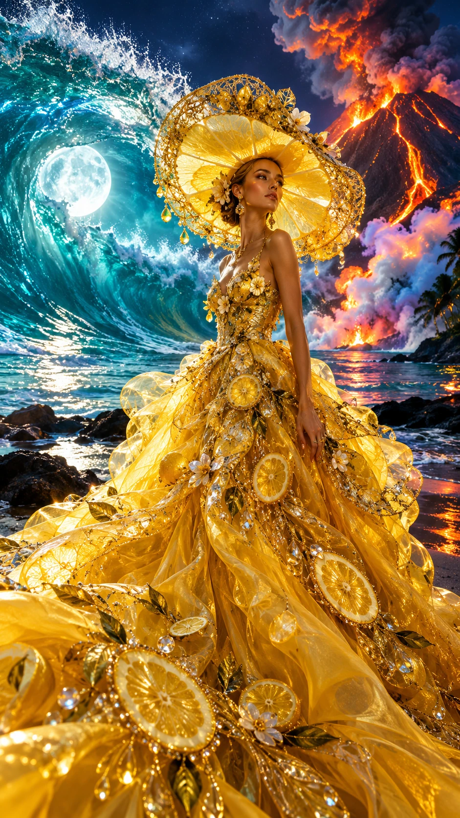 Deusa do limão em vestido de alta-costura na praia tropical ao luar