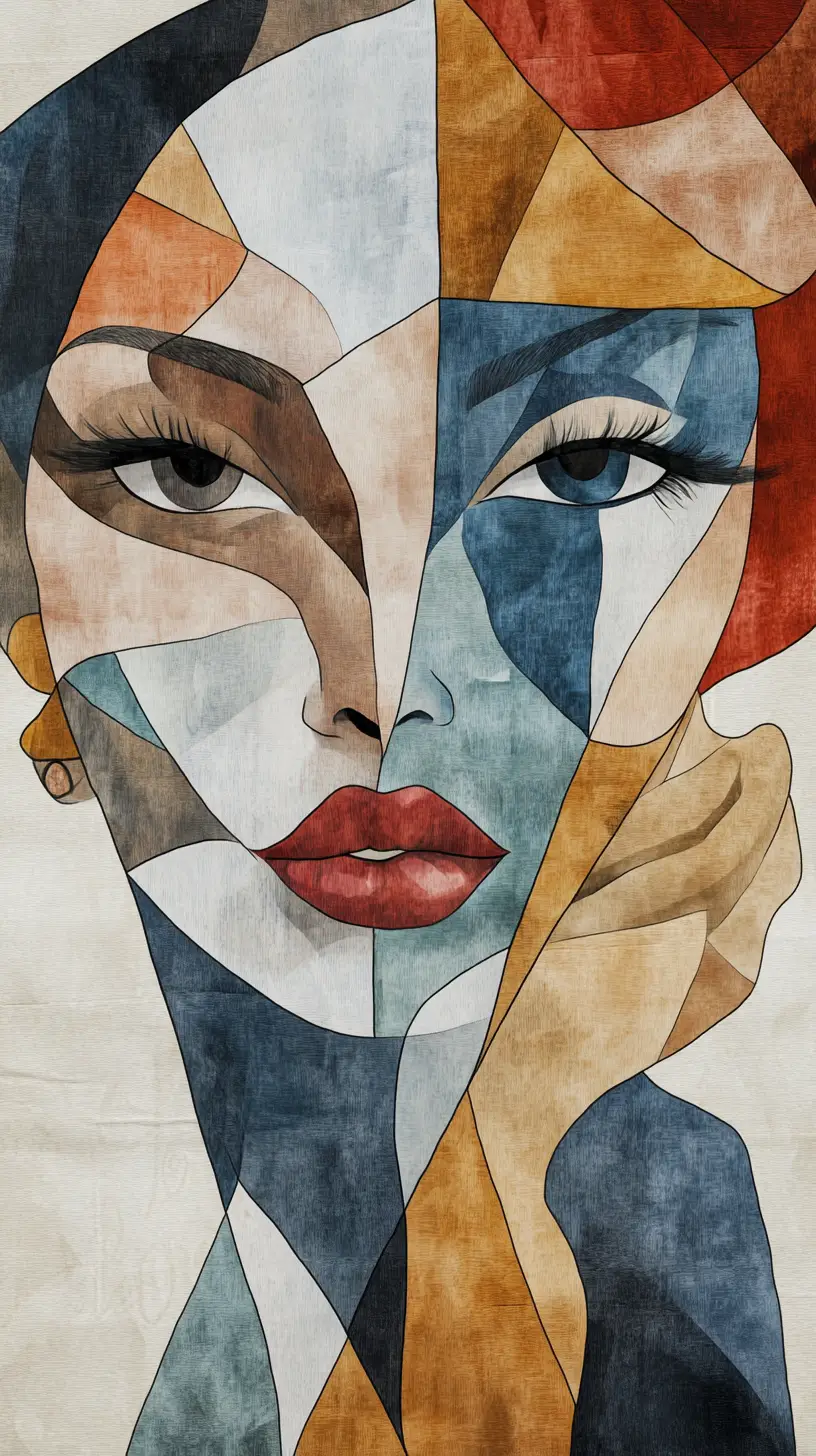 Portrait cubiste à l’aquarelle d’une femme au visage fragmenté