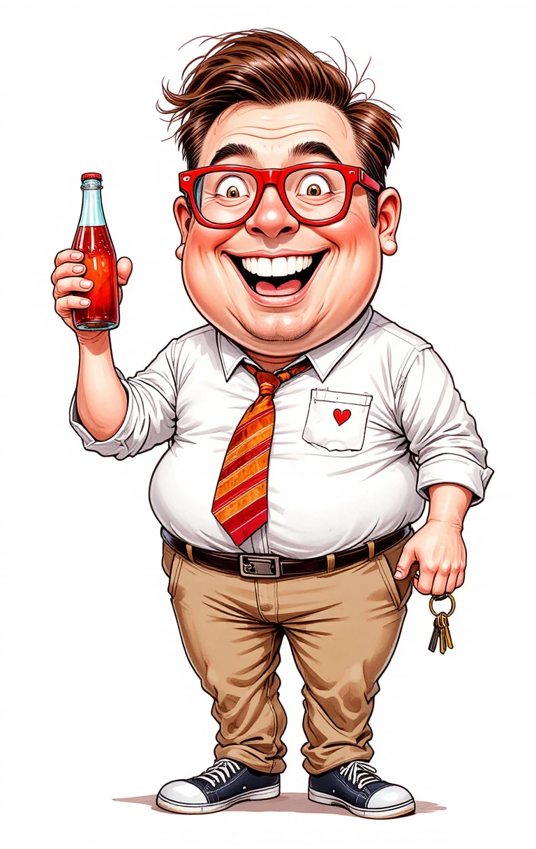 Cheerful cartoon man with red glasses and soda bottle