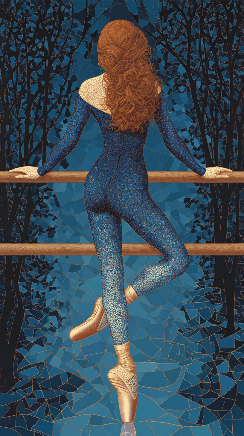 Anmutige Ballerina an der Stange im mosaikartigen Nachtwald