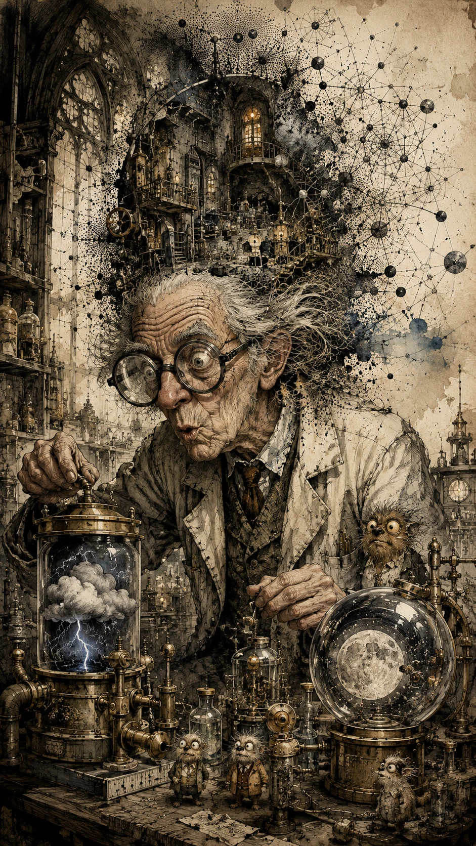 Eccentric Elderly Inventor In Gothic Laboratory With Odd Machines