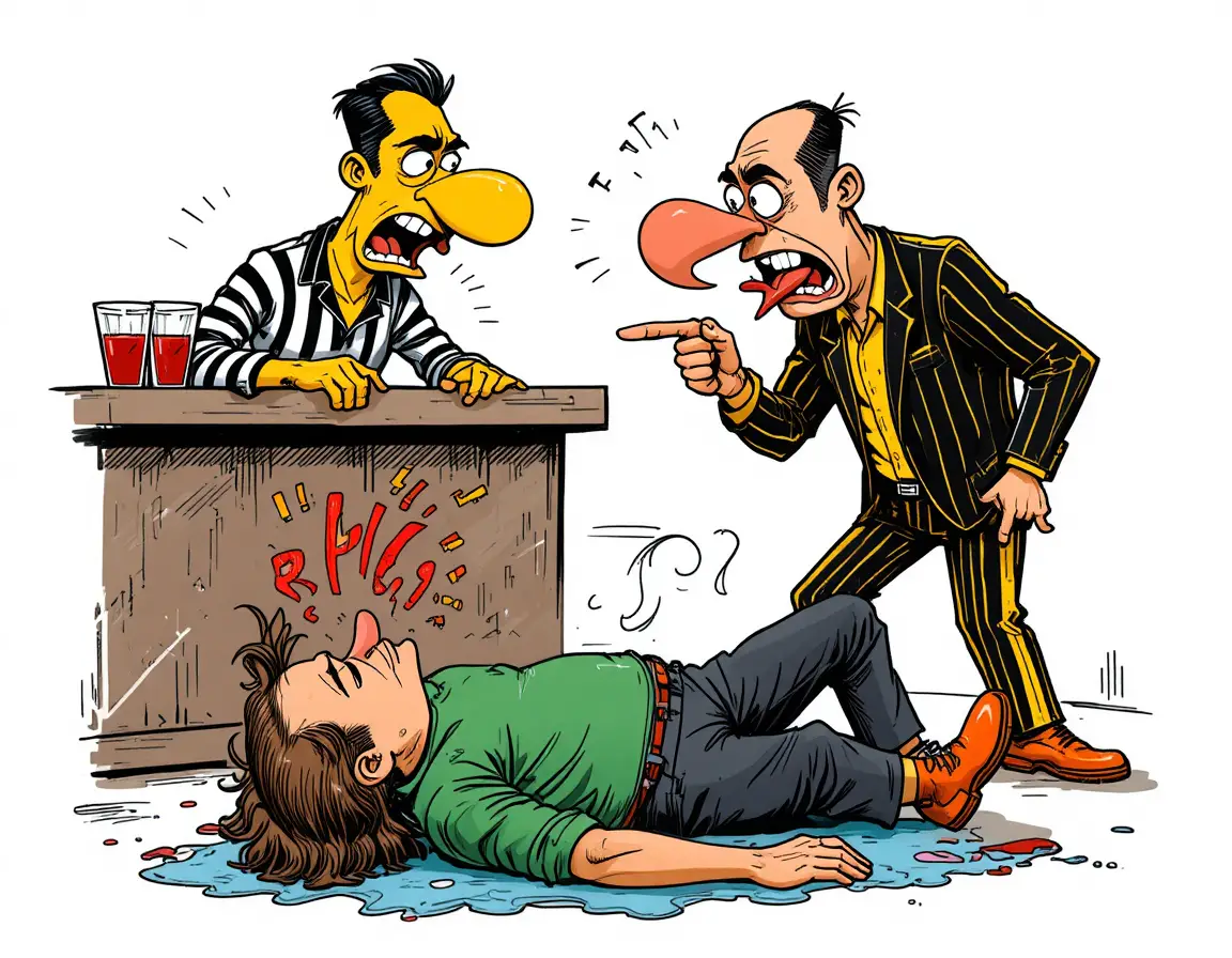 Comic bar scene with arguing men and a drunk patron