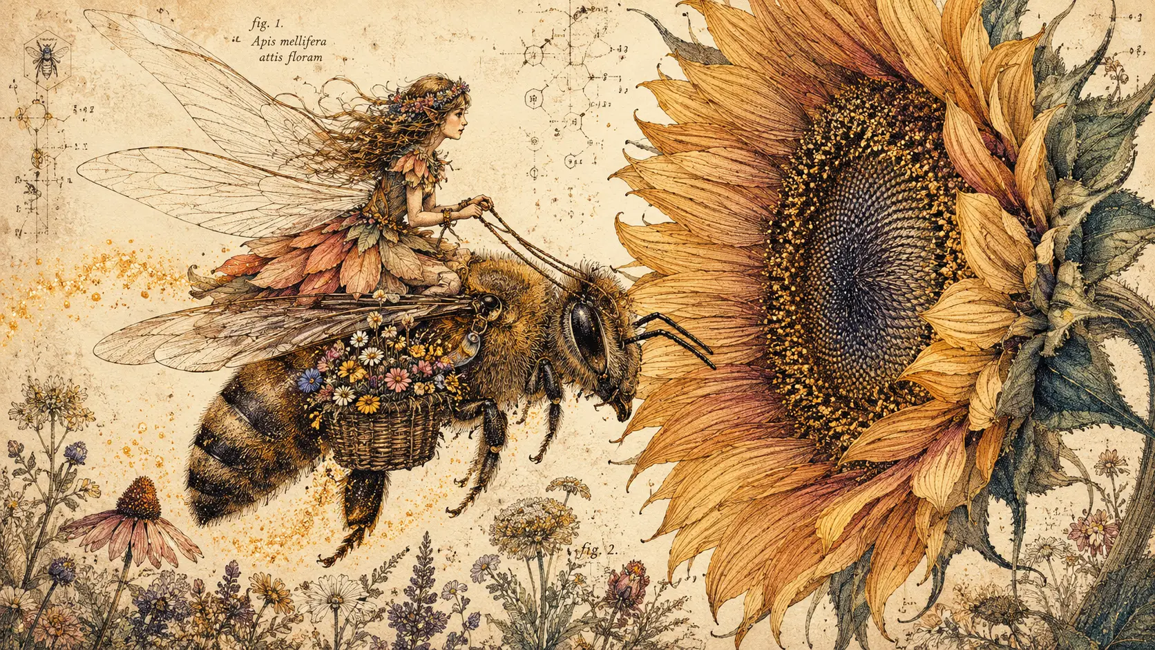 Winzige Fee reitet auf einer riesigen Honigbiene zu einer Sonnenblume