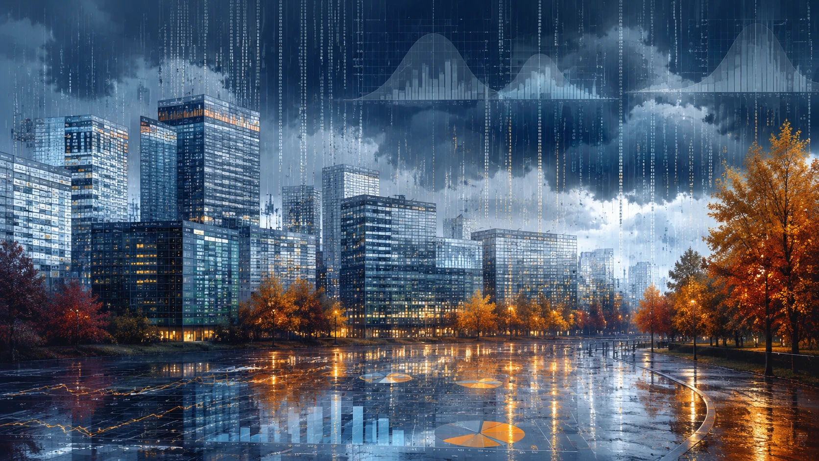 雨中電影感季風城市景觀與閃耀秋季樹木