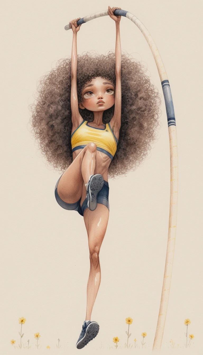 Ilustração estilizada de mulher no salto com vara em pleno ar (vista frontal)