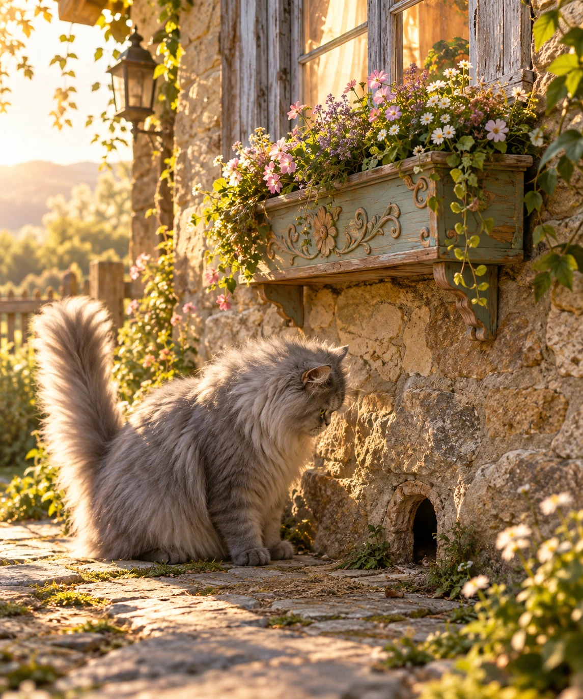 Gato persa observando um buraco de rato ao lado de um antigo chalé de pedra
