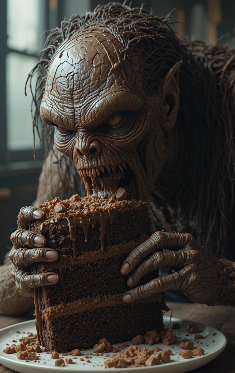 Monstro assustador comendo feliz um enorme bolo de chocolate em camadas