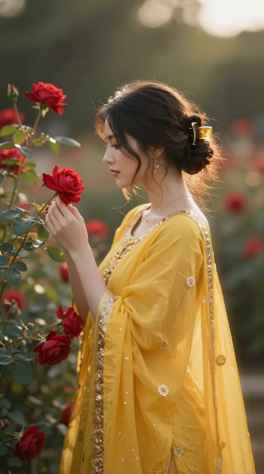 Mulher de amarelo inclinando-se em direção a um jardim de rosas vermelhas em flor