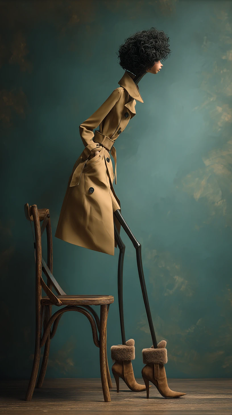 Mulher alta de trench coat ajustando a bota em cadeira de bistrô