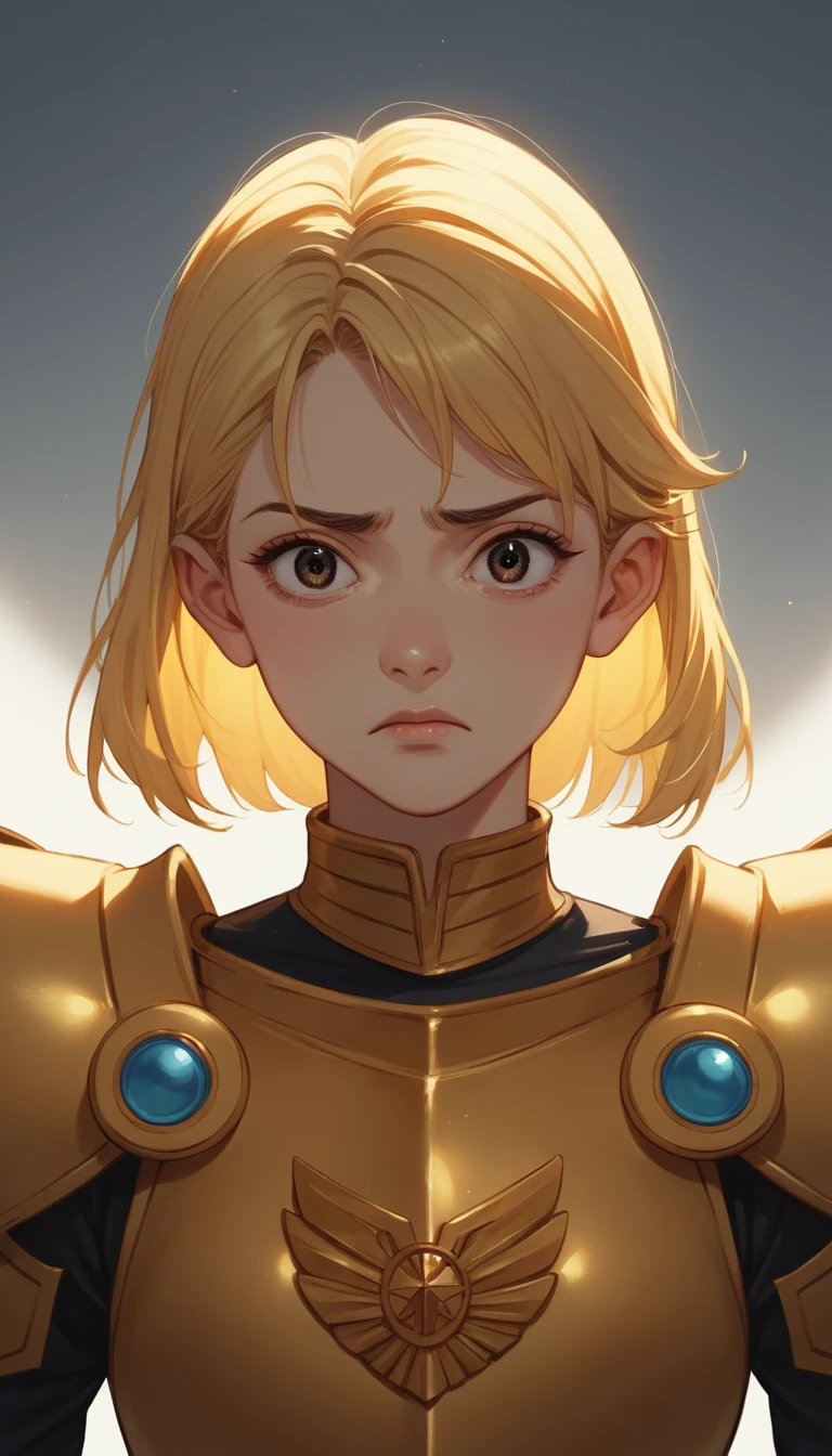 Anime heroine in golden armor with tearful determined eyes
