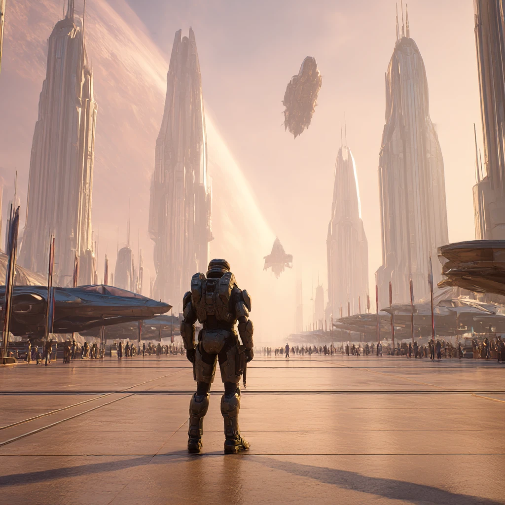 Guerreiro espartano de guarda em um vasto porto espacial futurista