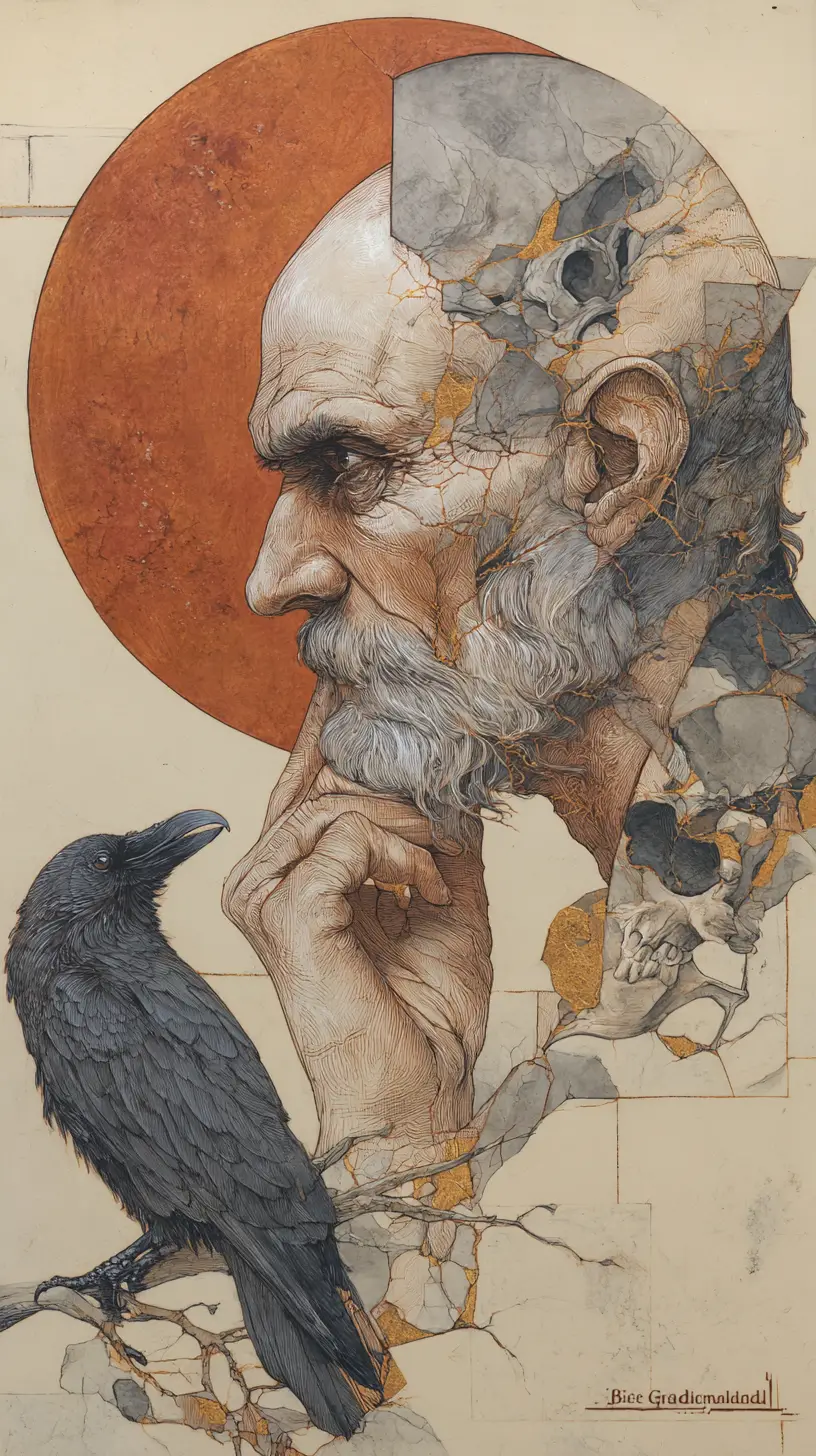 Retrato de velho melancólico com cabeça rachada à luz da lua