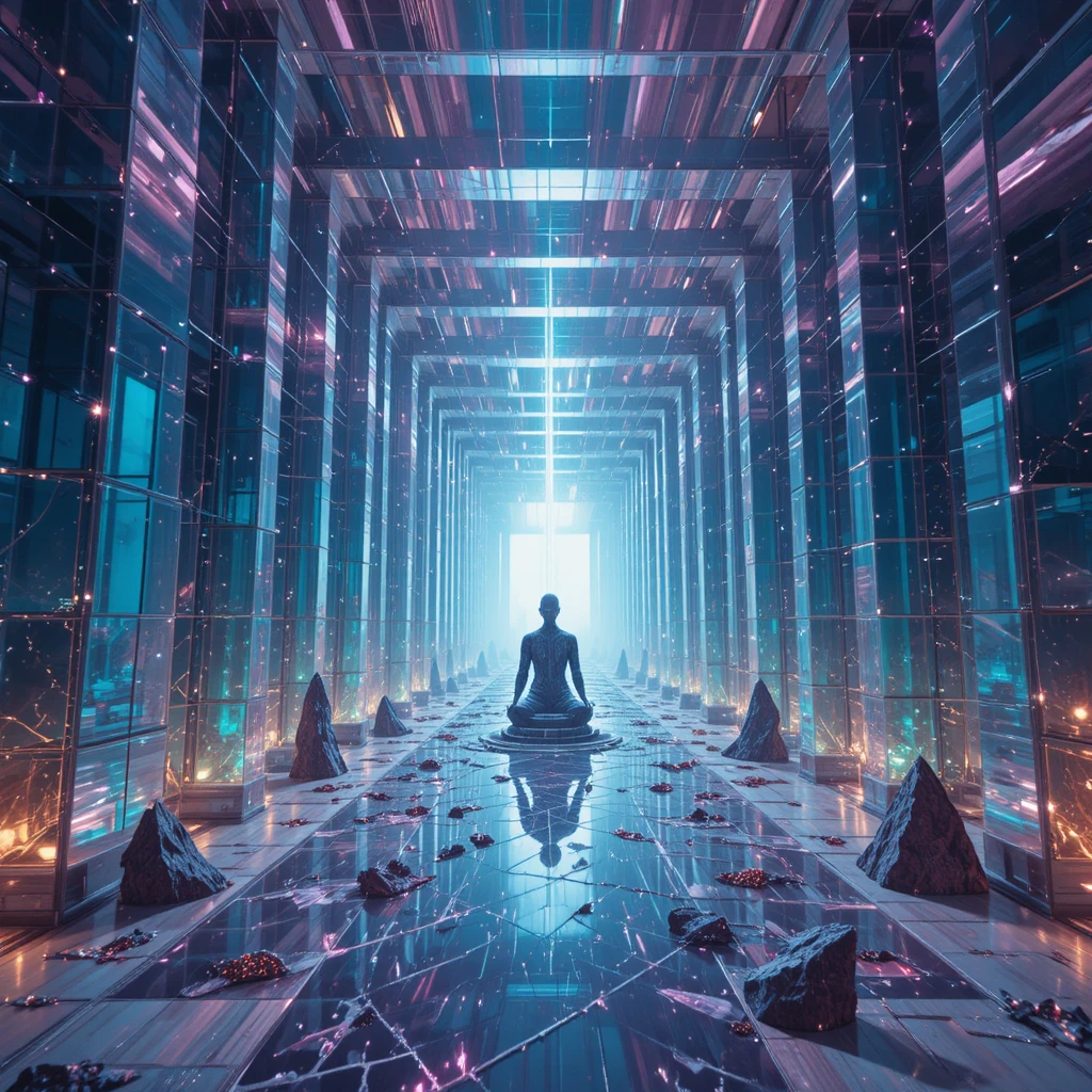 Cubos geométricos surrealistas desplegándose en un vacío luminoso