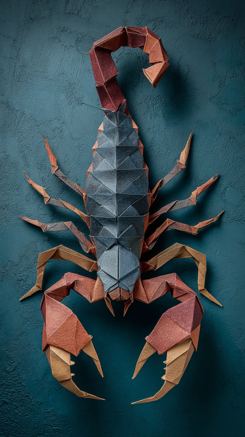 Intrincada escultura de escorpião de papel com cauda arqueada