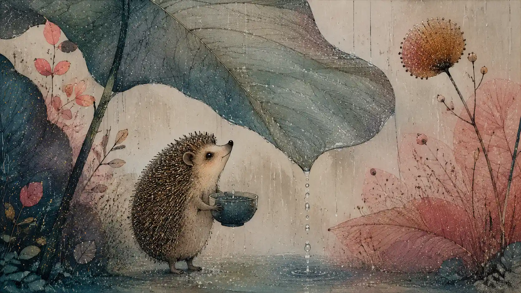 거대한 잎 아래에서 섬세한 빗방울을 모으는 작은 고슴도치