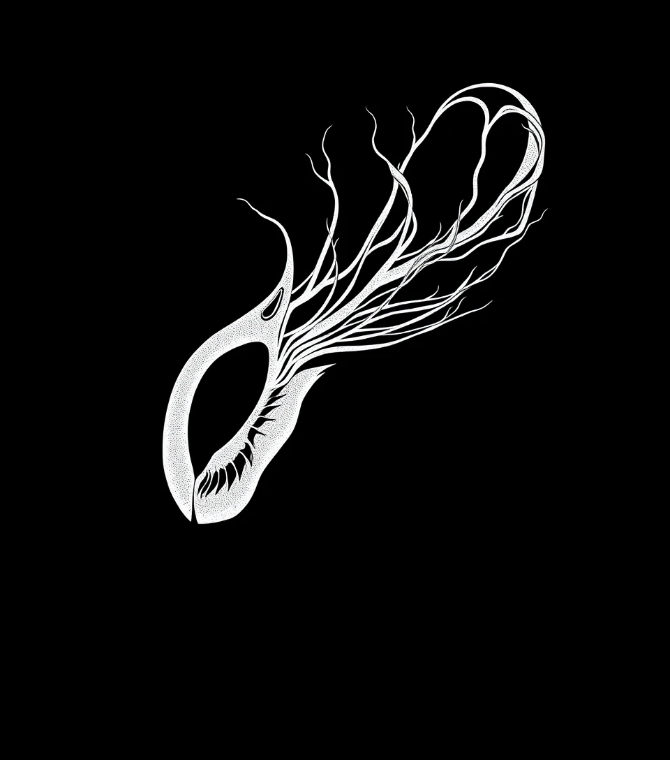 Créature alien sur fond noir avec emblème secret