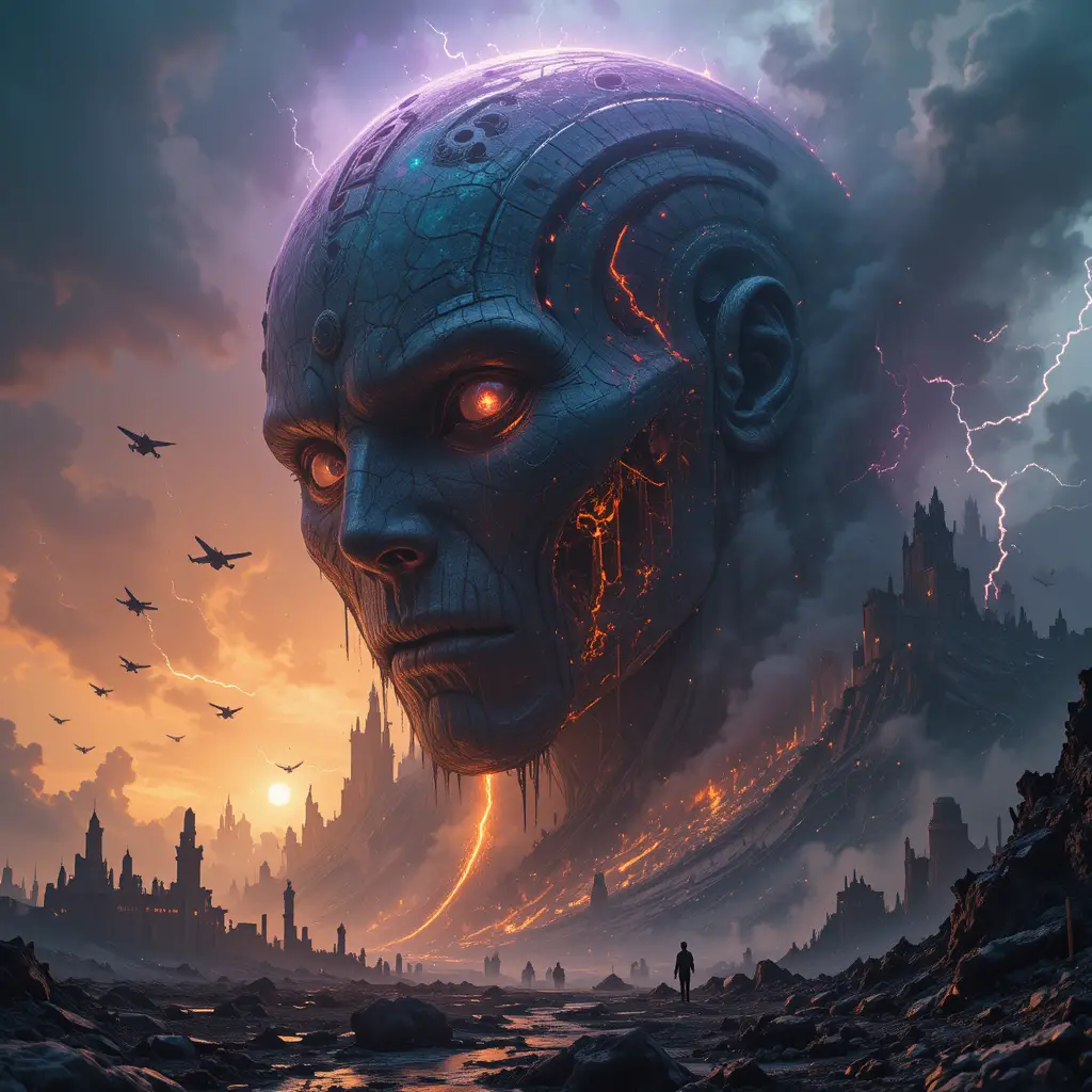 Kolossaler Titan, der aus einem surrealen metallischen Meer emporsteigt