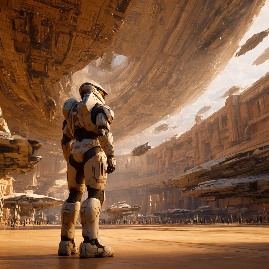 Spartan warrior guarding a vast futuristic spaceport