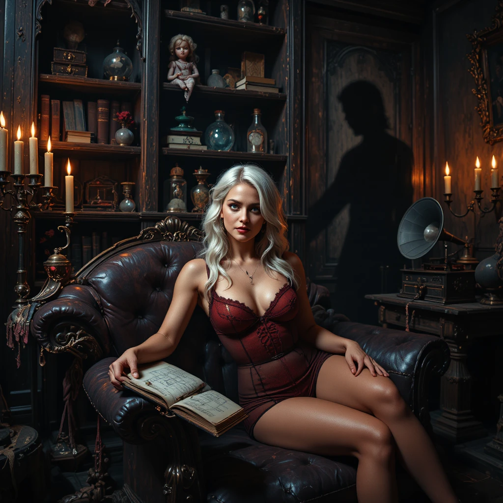Mujer glamurosa en chaise longue a la luz de velas gótica