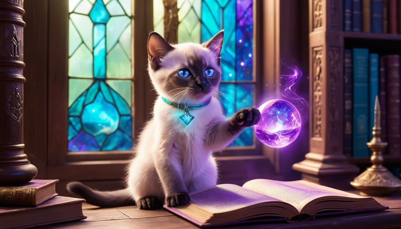Gatinho siamês feiticeiro lançando magia roxa na biblioteca