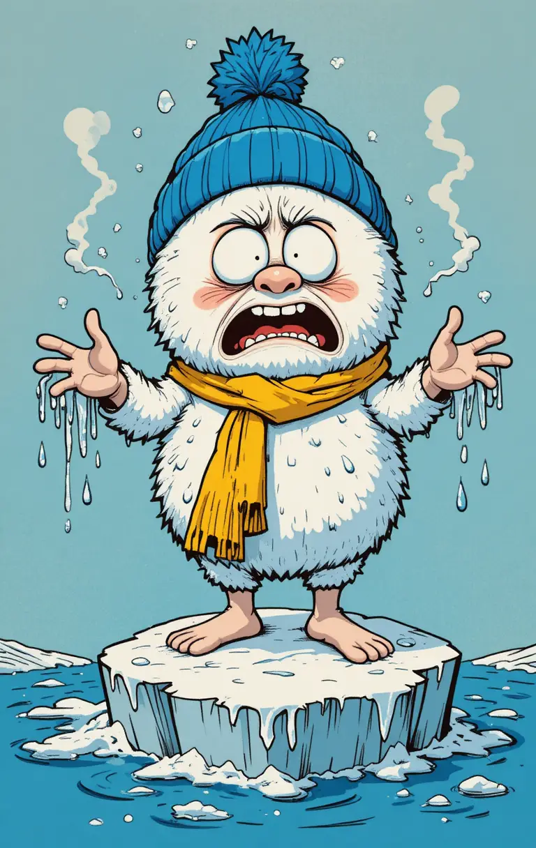 Zitterndes Cartoon-Schneeballwesen auf zerbrochener Eisscholle