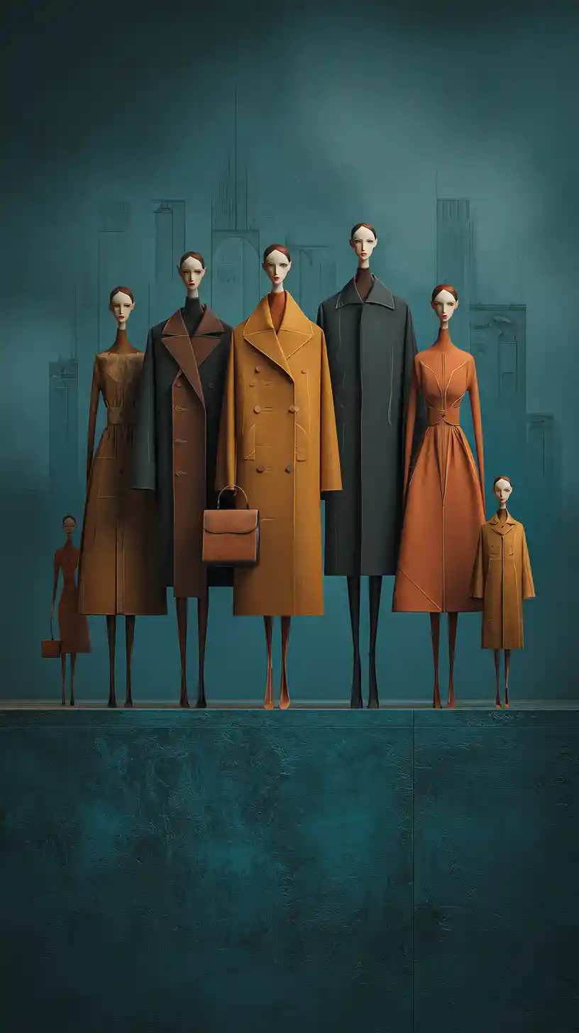 Elongated fashion models in geometric trench coats