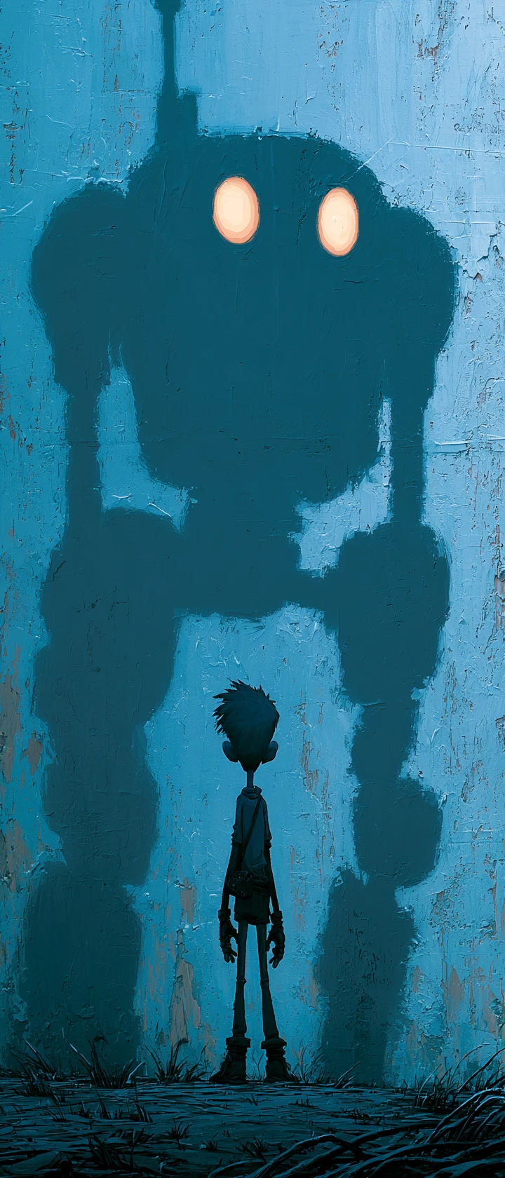 Silhueta de piloto de anime com sombra de mecha gigante na parede