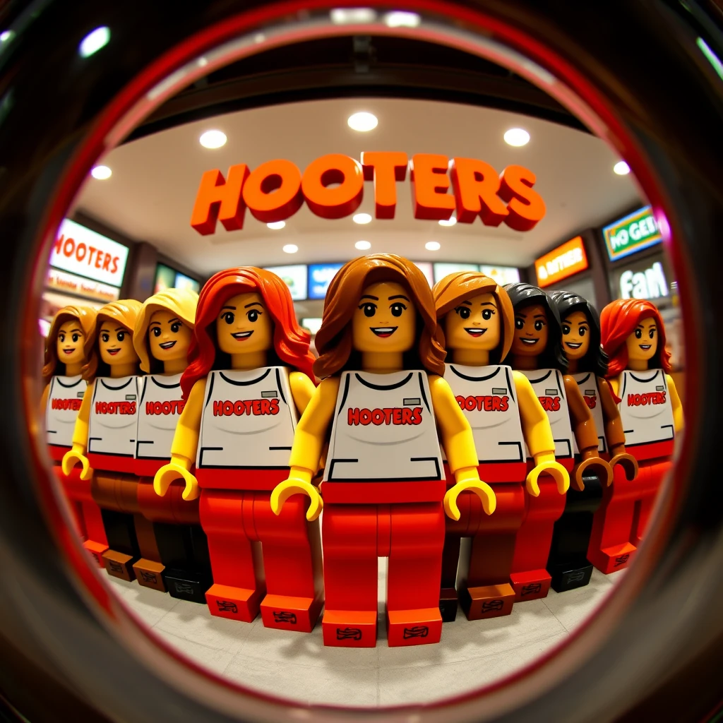 Garotas minifiguras Lego posando na entrada de um restaurante