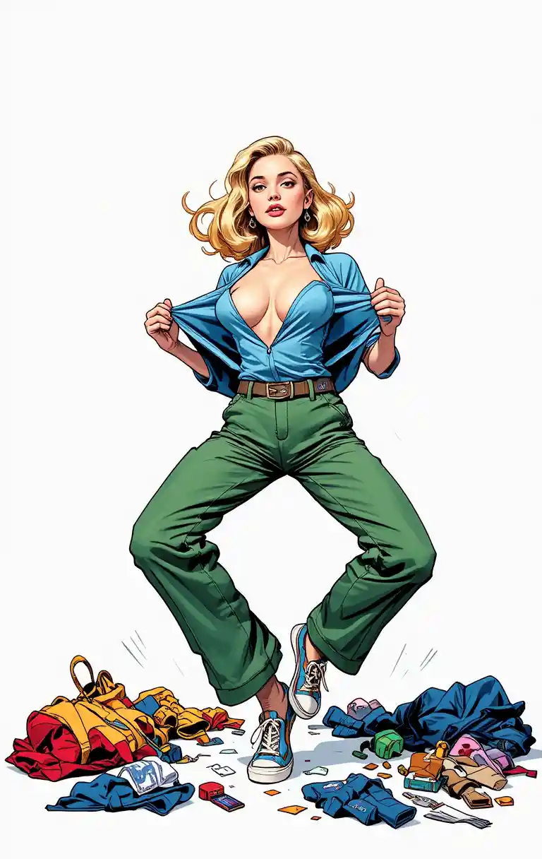 Playful blonde woman in comic style floating above clothes