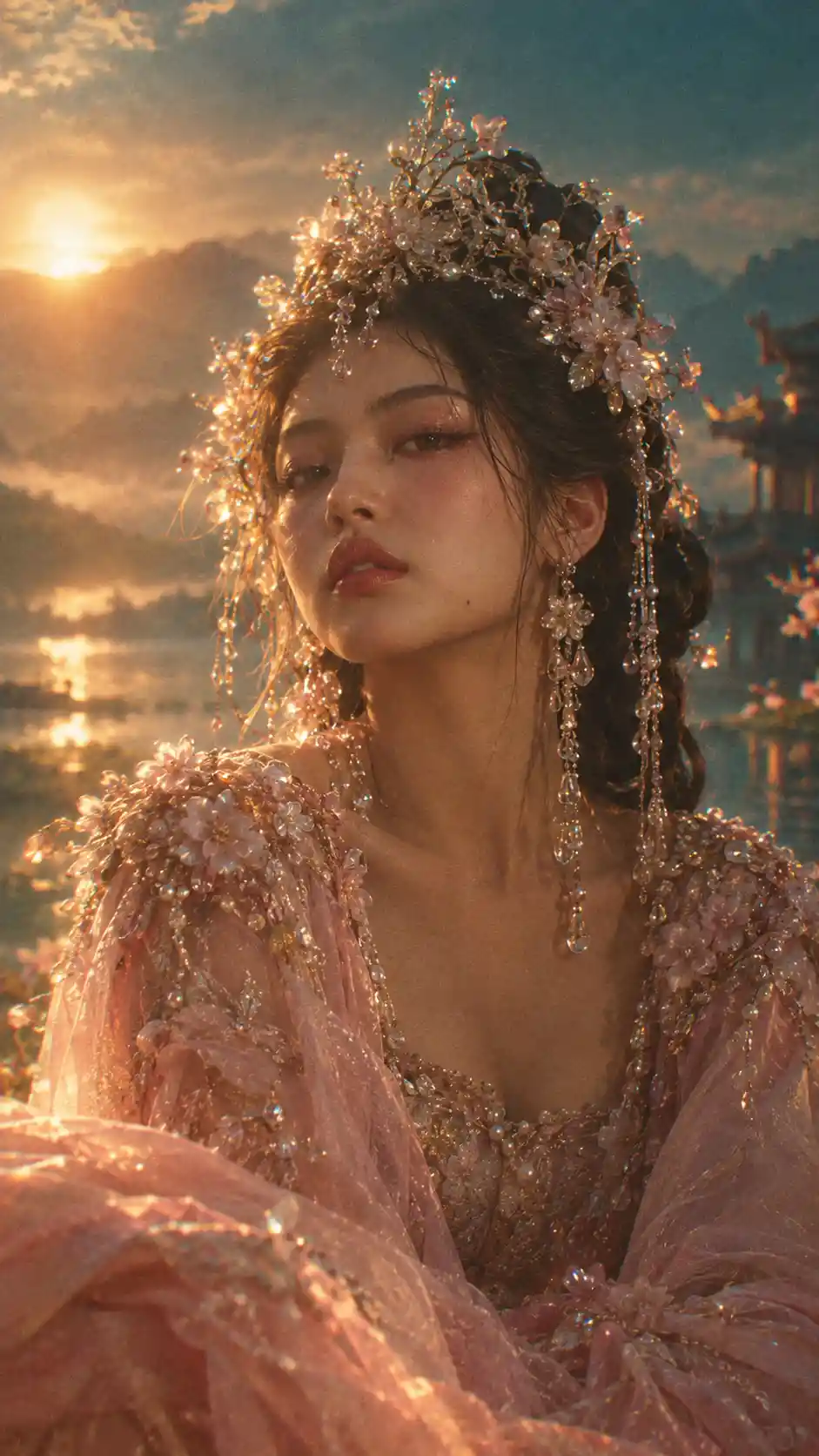 Cinematic portrait of a princess in a flowing pink gown