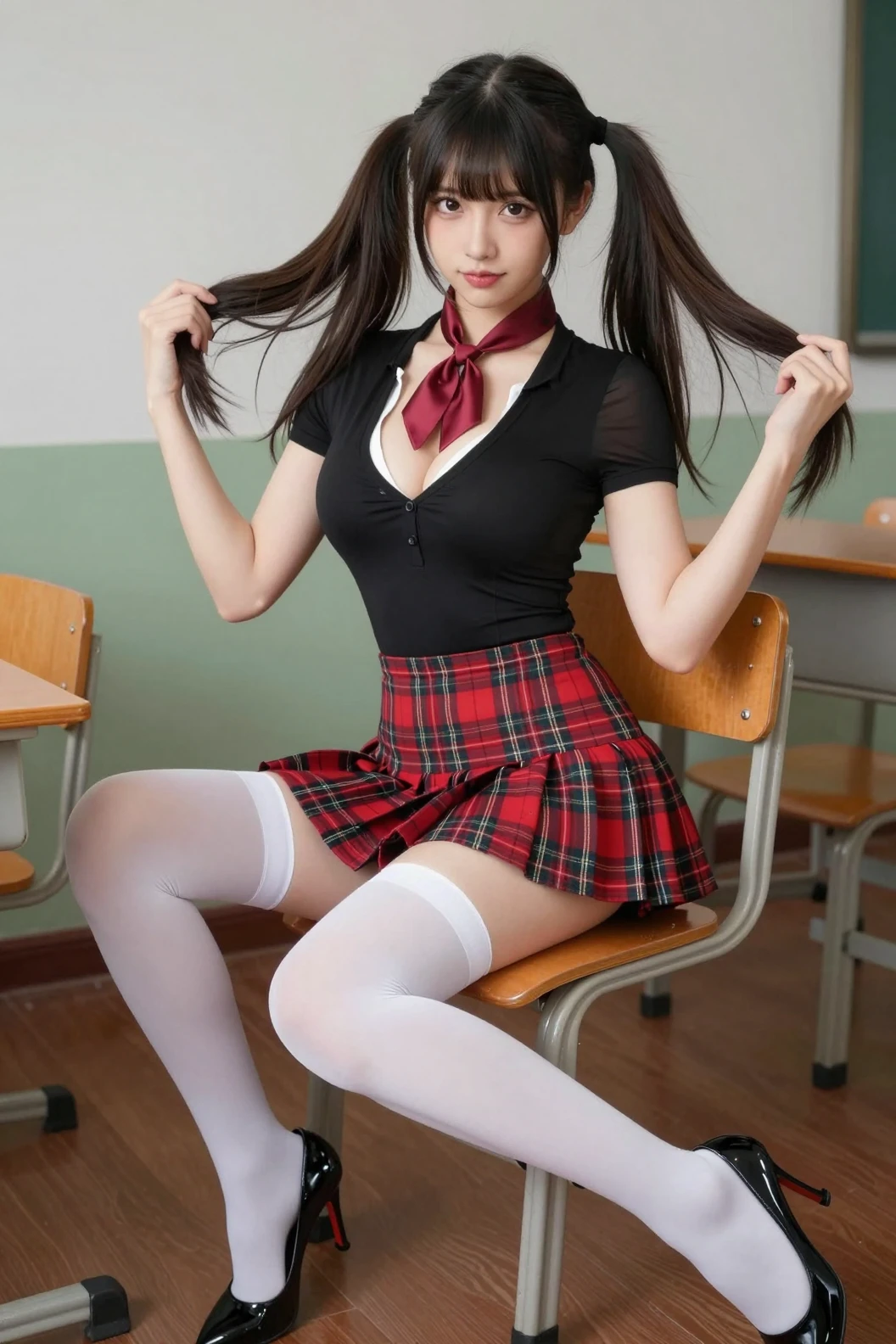 Jovem mulher sedutora posando em uma cadeira de sala de aula vintage