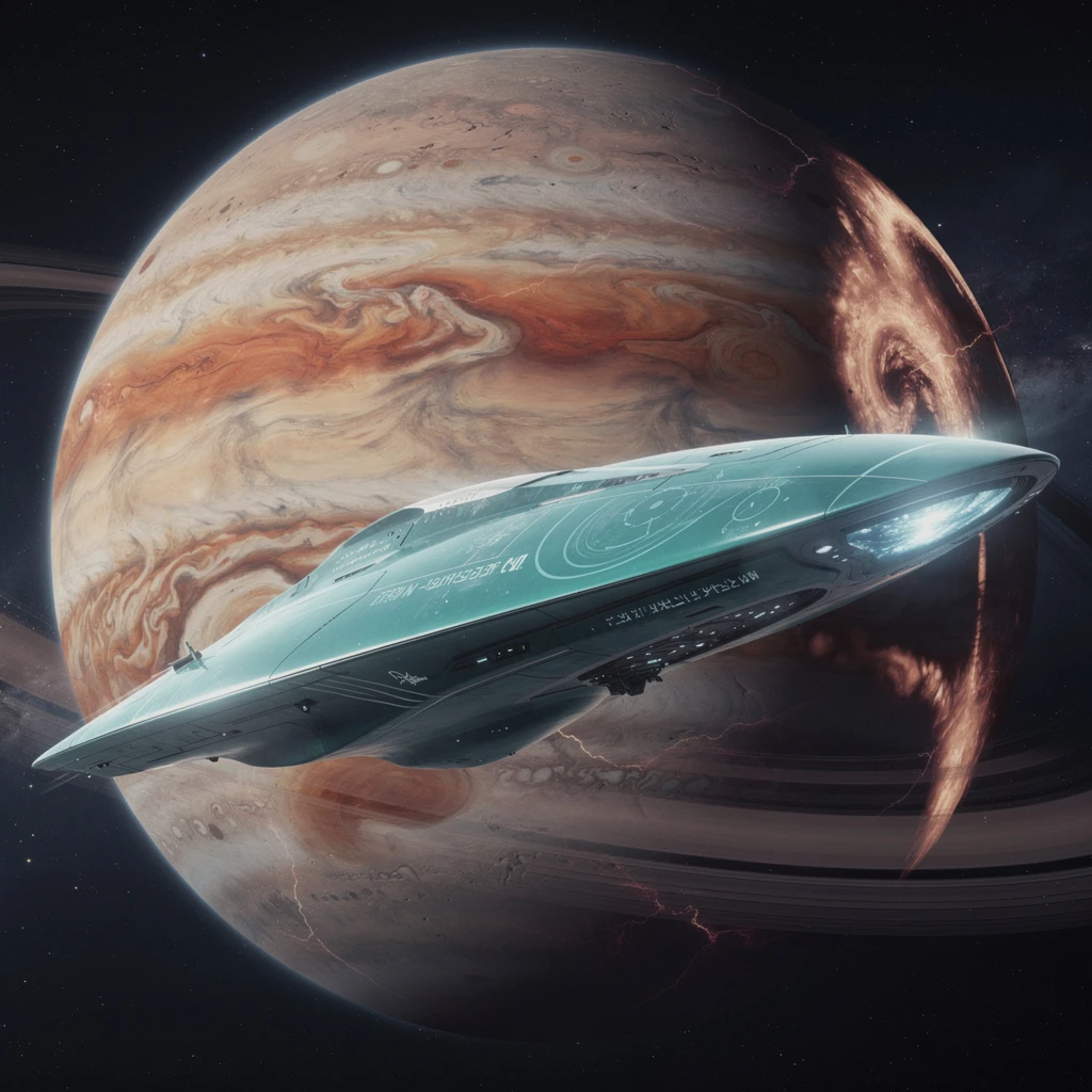 Riesiges außerirdisches Raumschiff im Orbit um einen turbulenten Gasriesen