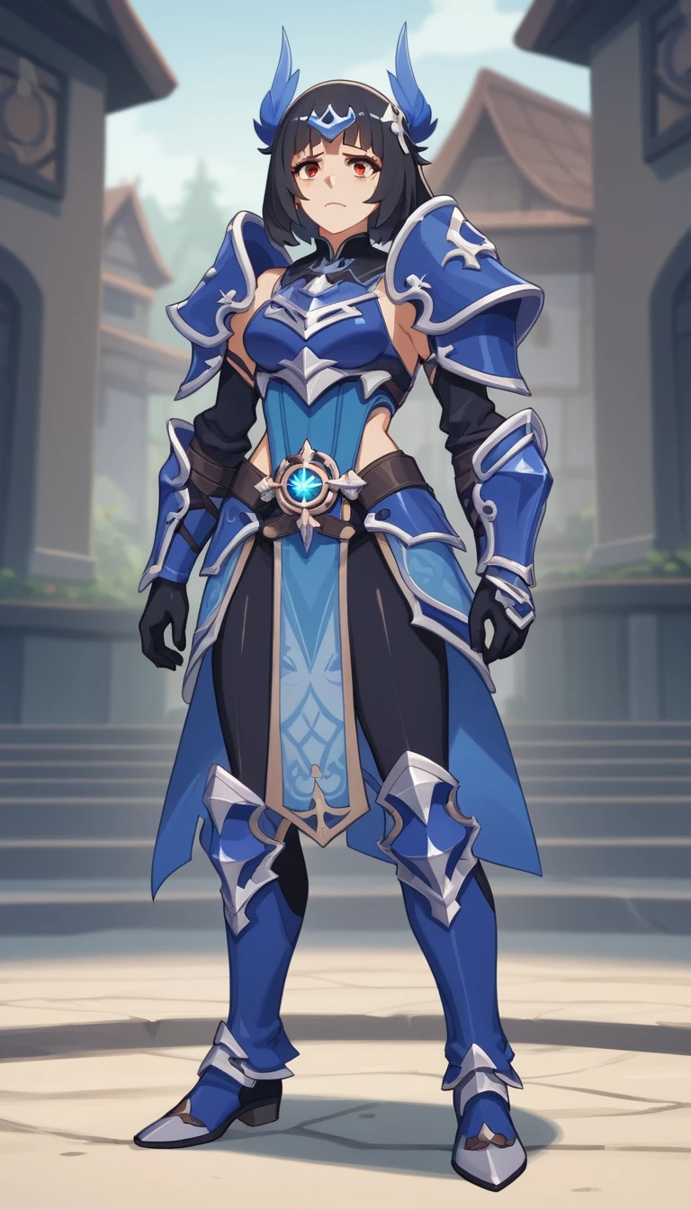 Princesa guerreira de anime em armadura azul segurando as lágrimas