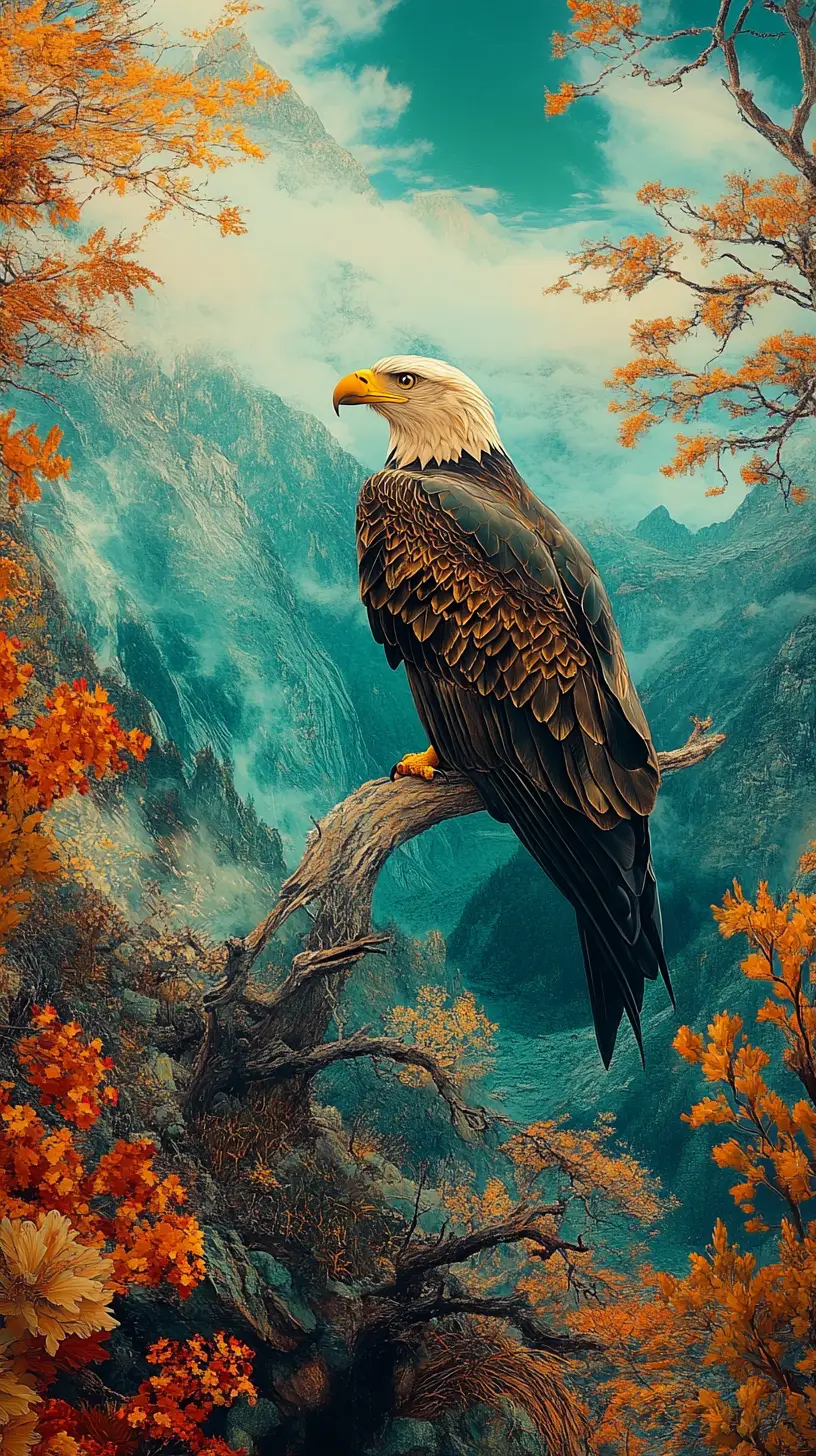 Weißkopfseeadler auf Zaun mit Blick auf nebliges Tal und See
