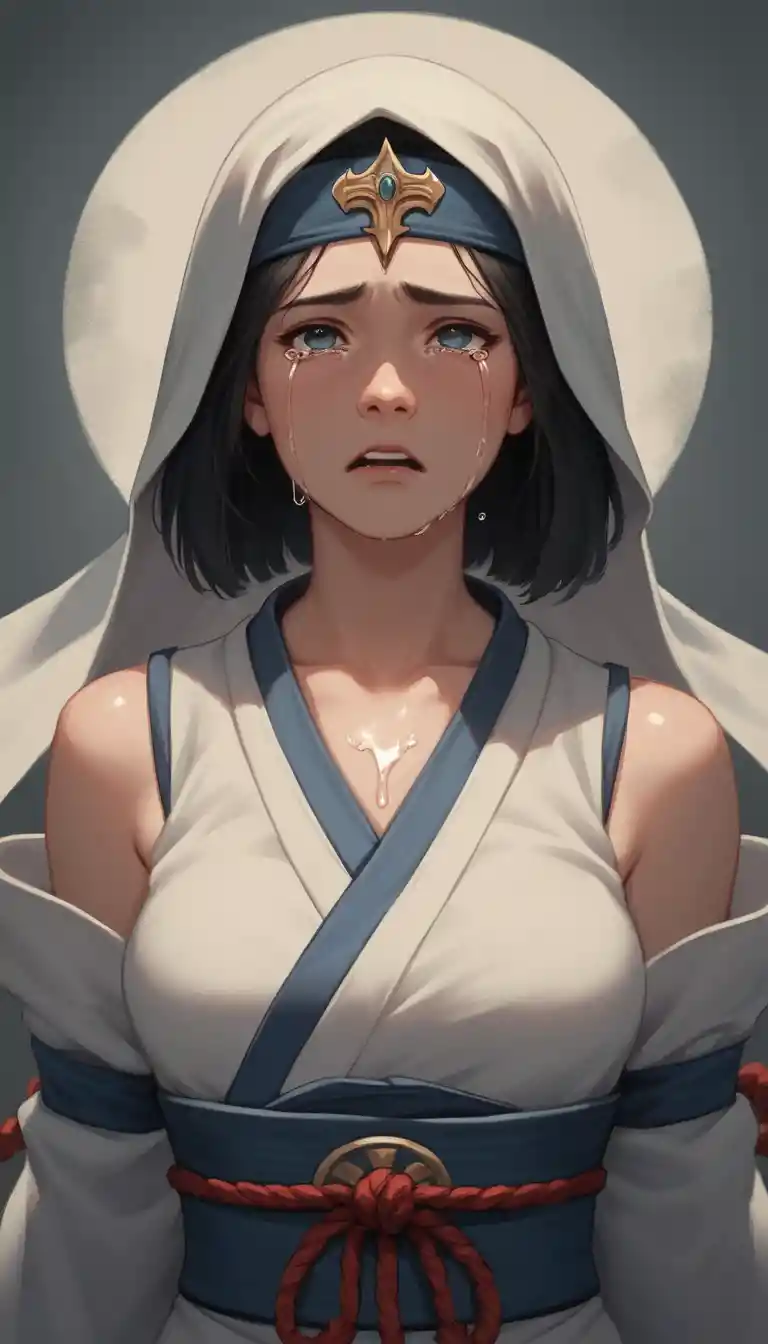 Crying anime warrior maiden in ornate samurai armor