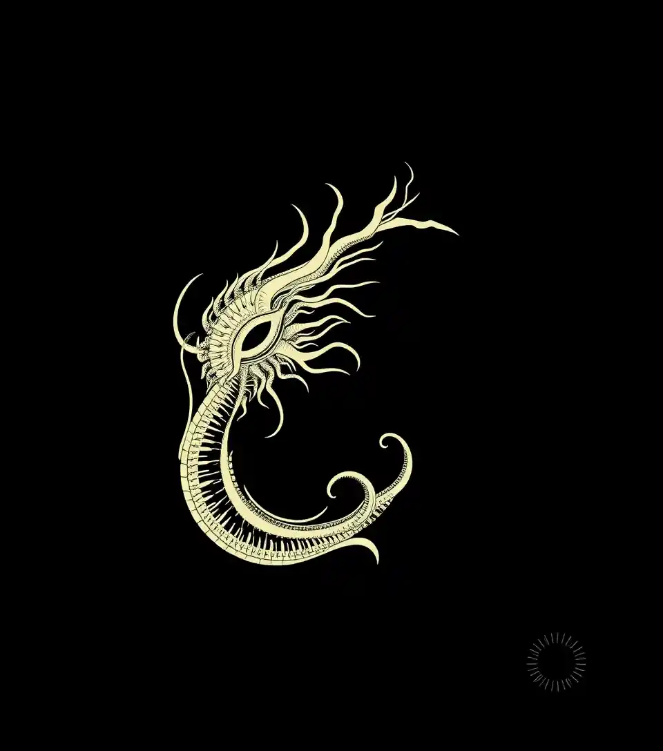 검은 배경 위 외계 생명체 스타일의 미니멀리스트 포스터