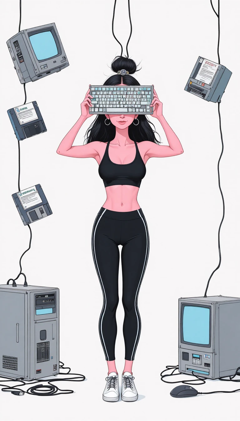 Mulher com teclado cercada por hardware de computador vintage