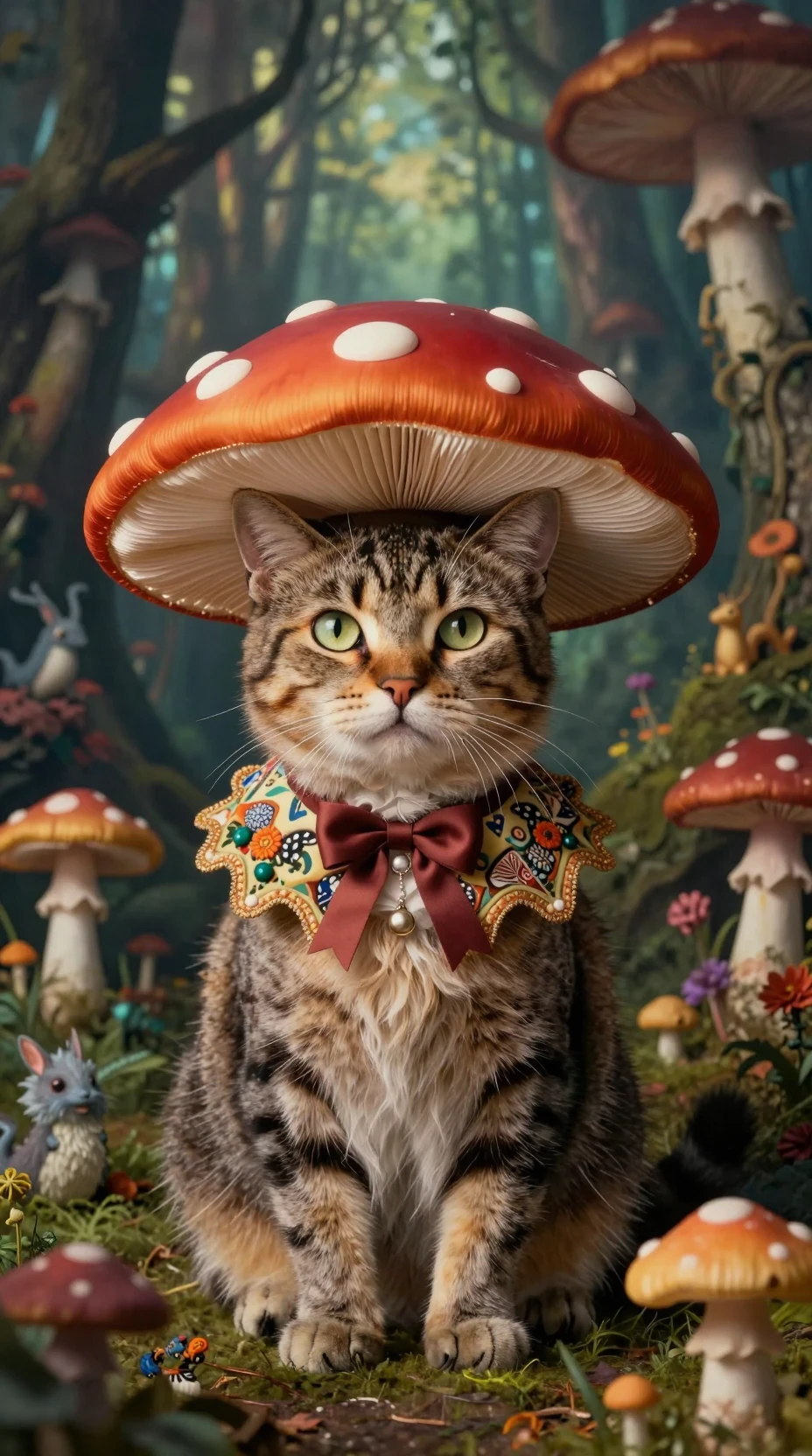 Gato regio con sombrero de hongo en bosque de fantasía surrealista