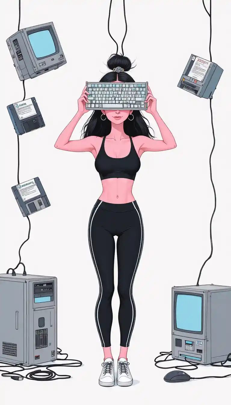 被復古電腦硬體包圍、手持鍵盤的女子