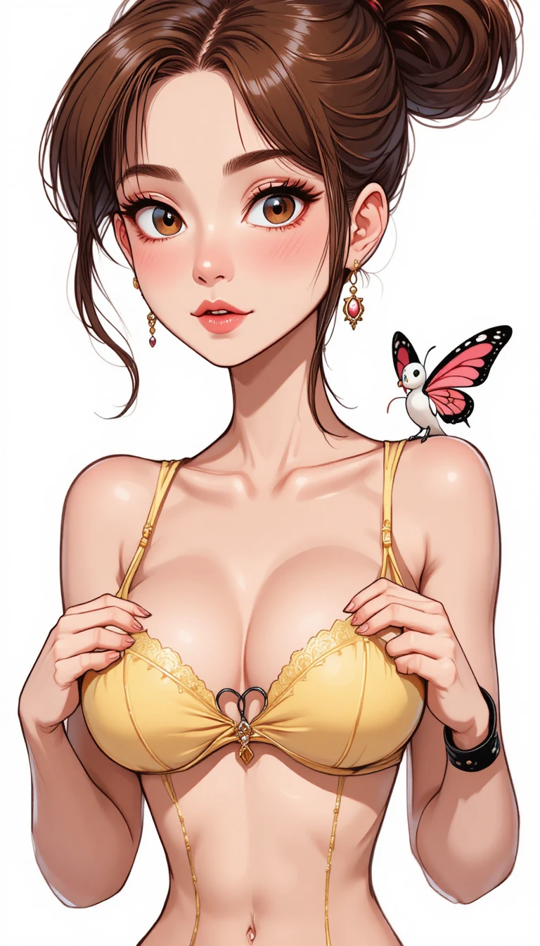 Anime girl in yellow lace lingerie with fluttering creature