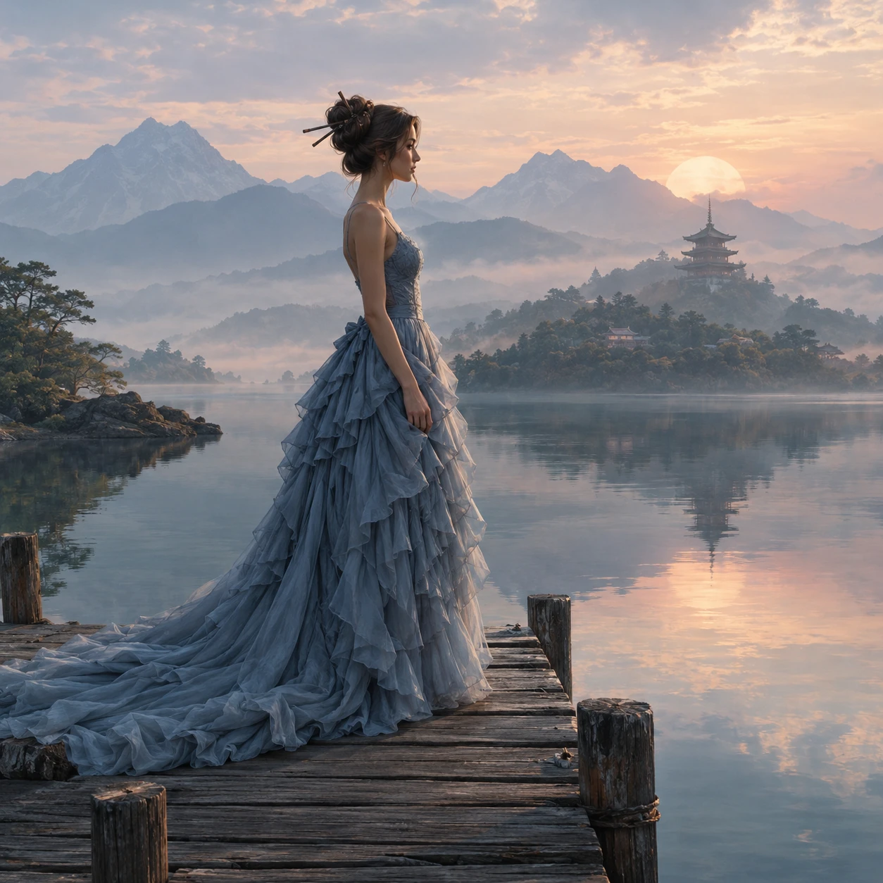 Woman in evening gown walking alone on a wooden pier
