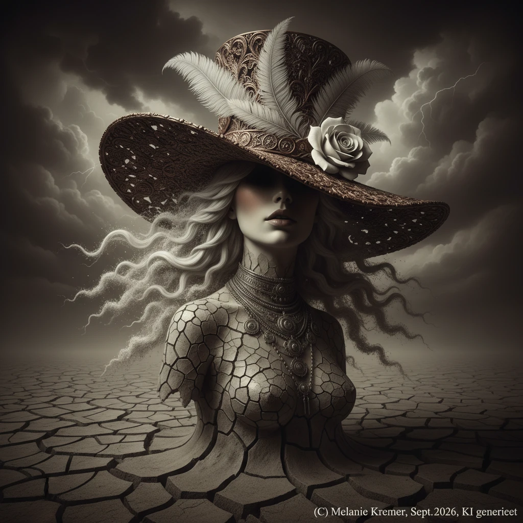 Mulher surreal fundida com deserto rachado sob cartola ornamentada