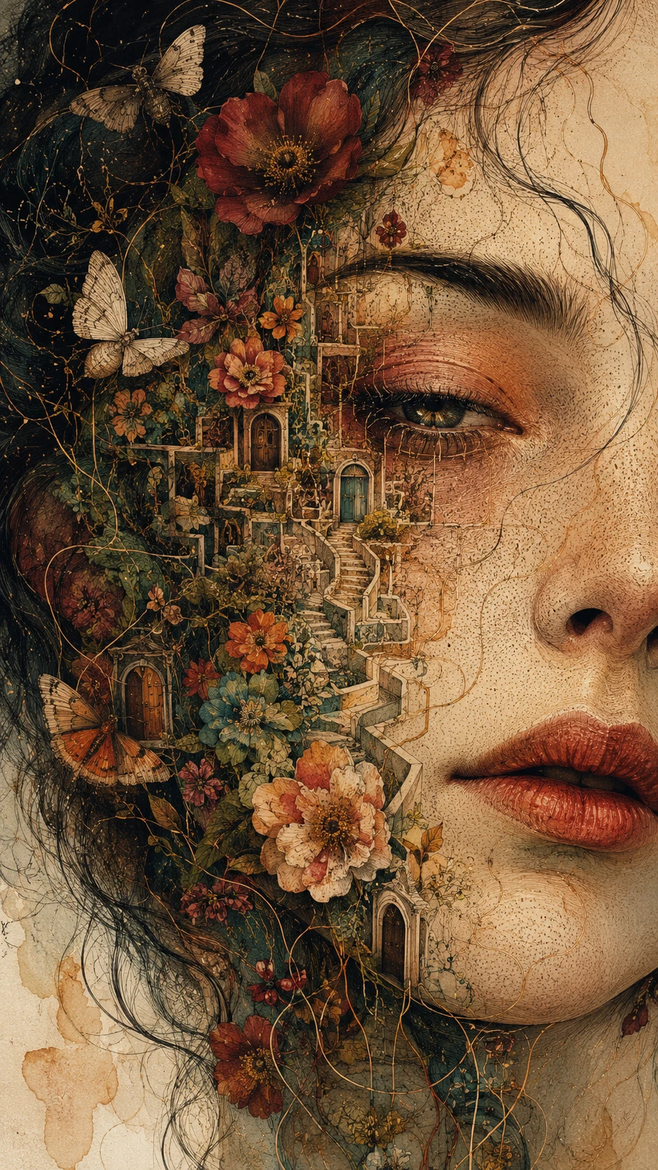Close-up surreal de uma mulher se abrindo em um jardim oculto