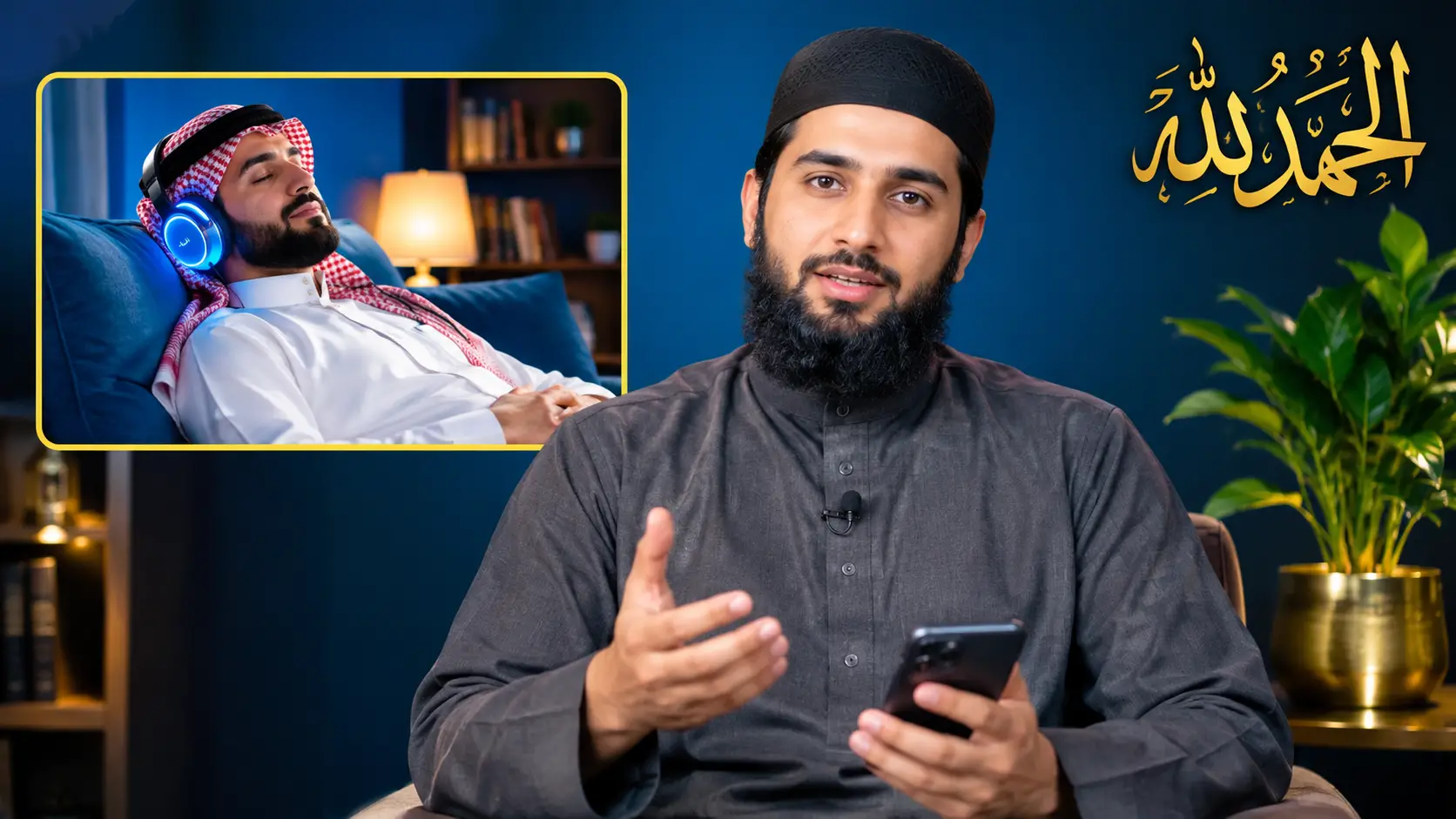 Muslimischer Mann telefoniert mit Smartphone neben Szene des Qur’an-Hörens