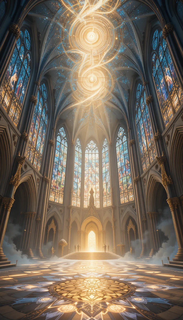Grandiose cathédrale céleste sous un ciel galactique tourbillonnant