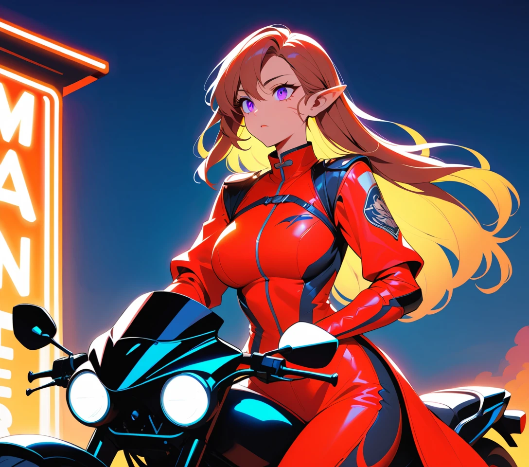 Tigress woman with motorcycle on a sunlit road