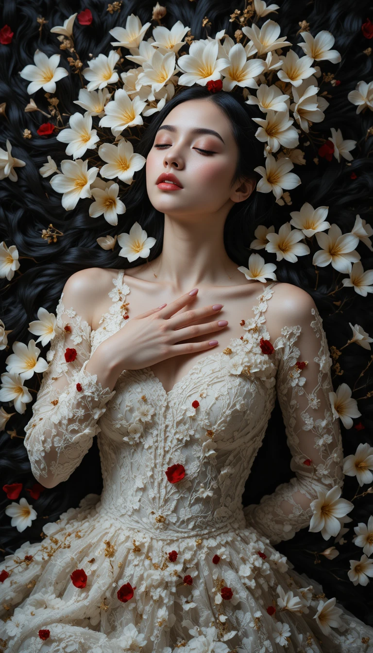 Mujer pálida con encaje blanco entre flores blancas que caen