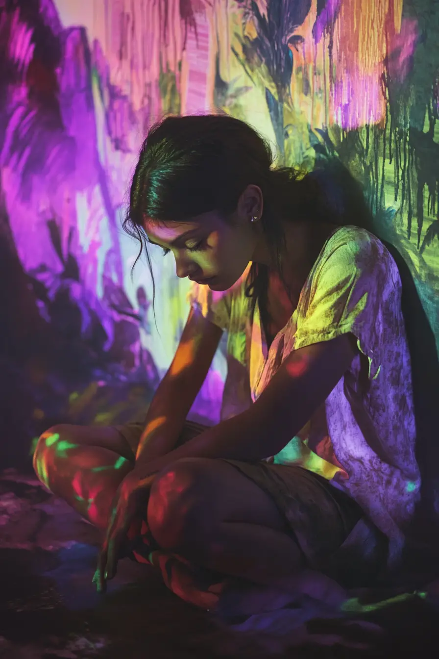 Frau, die in einer surrealen Leinwandszene im Neonlicht erstrahlt