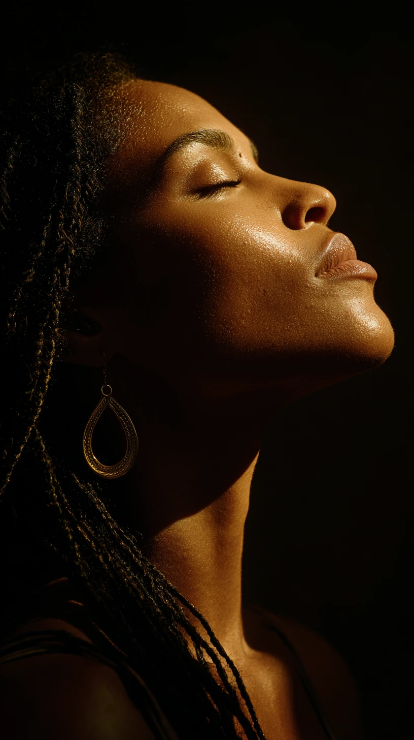 Close-up de perfil de mulher negra serena em luz de estúdio