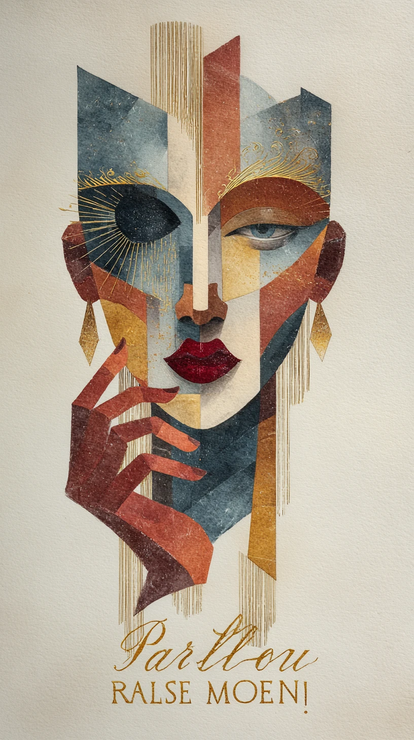 Retrato cubista em mídia mista de uma mulher com rosto geométrico